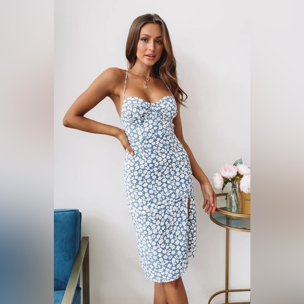 Blue flower slit dress